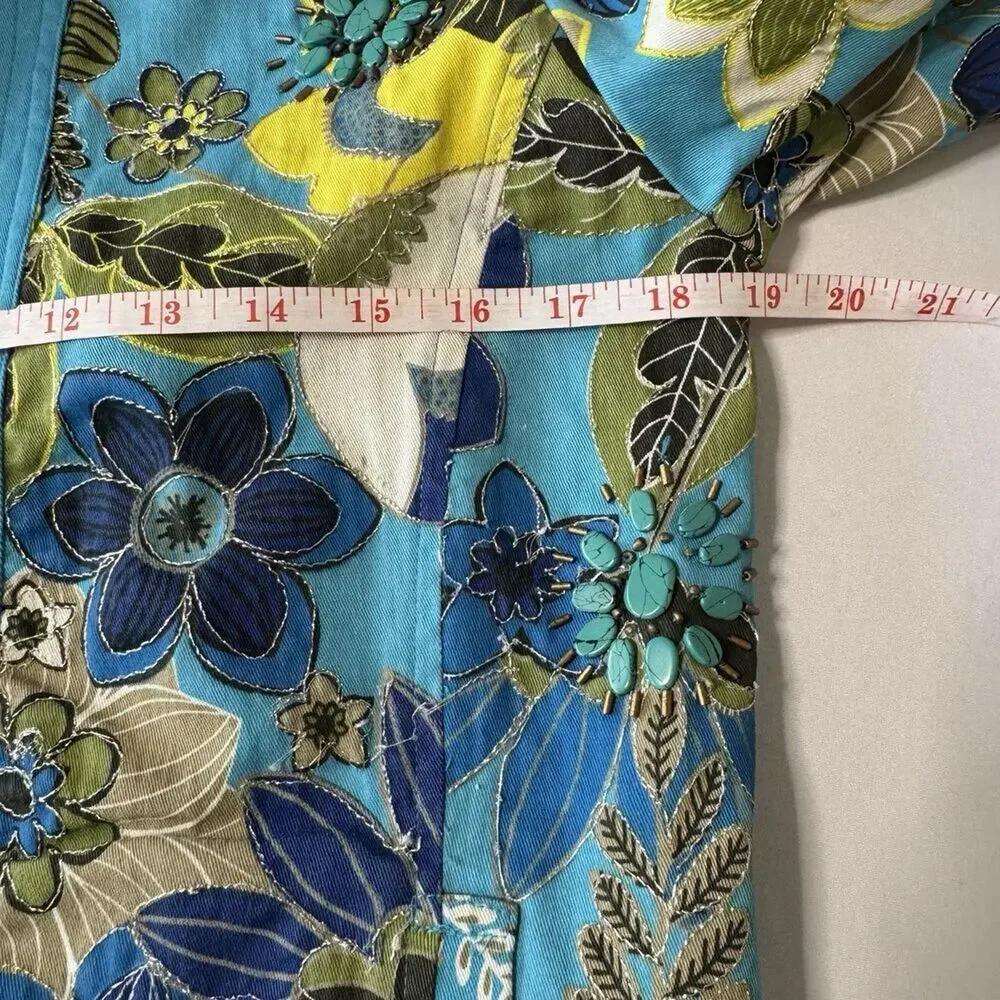 Chico's Blue Floral Open Front Lightweight Jacket Women's Size 0 (US Small)
